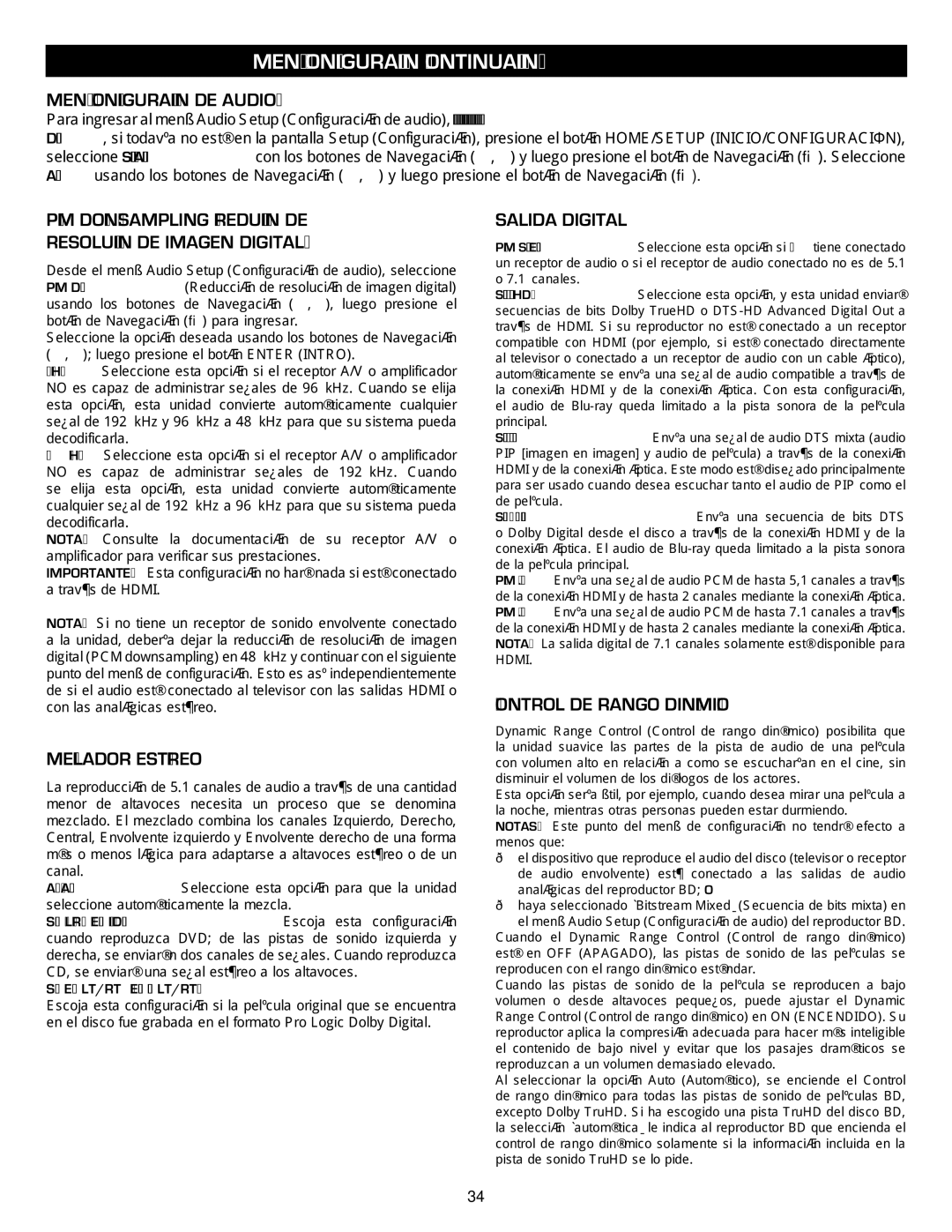 Memorex MVBD2535GPH manual Menú Configuración DE Audio, PCM DOWN-SAMPLING Reducción DE Resolución DE Imagen Digital 