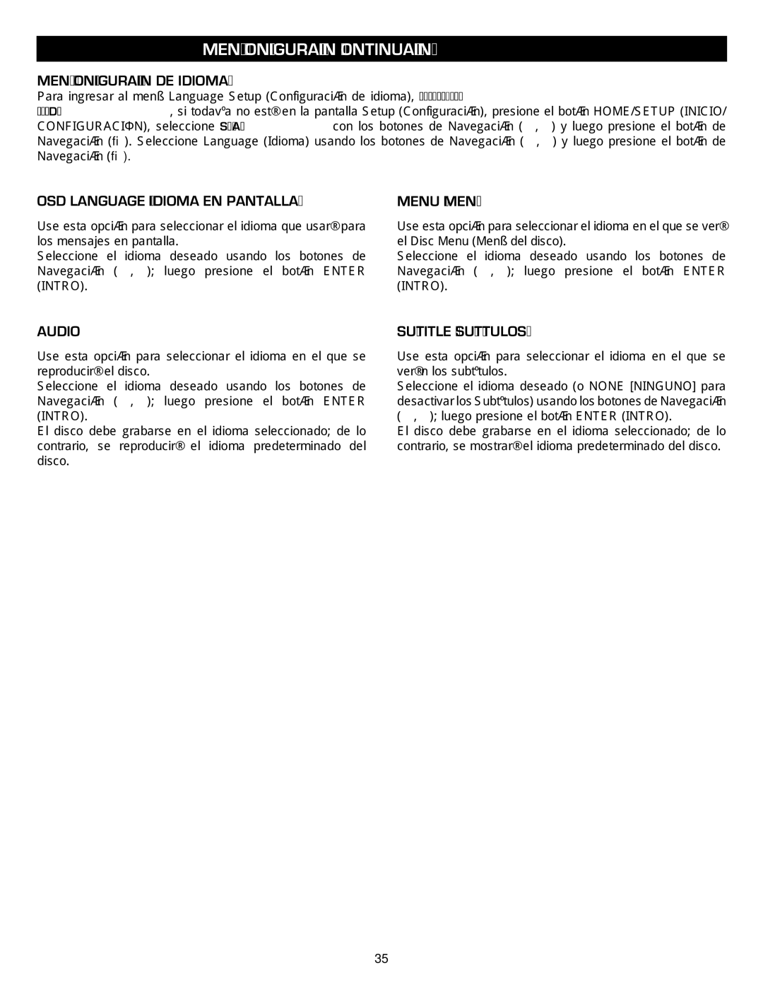 Memorex MVBD2535GPH manual Menú Configuración DE Idioma, OSD Language Idioma EN Pantalla, Menu Menú, Subtitle Subtítulos 