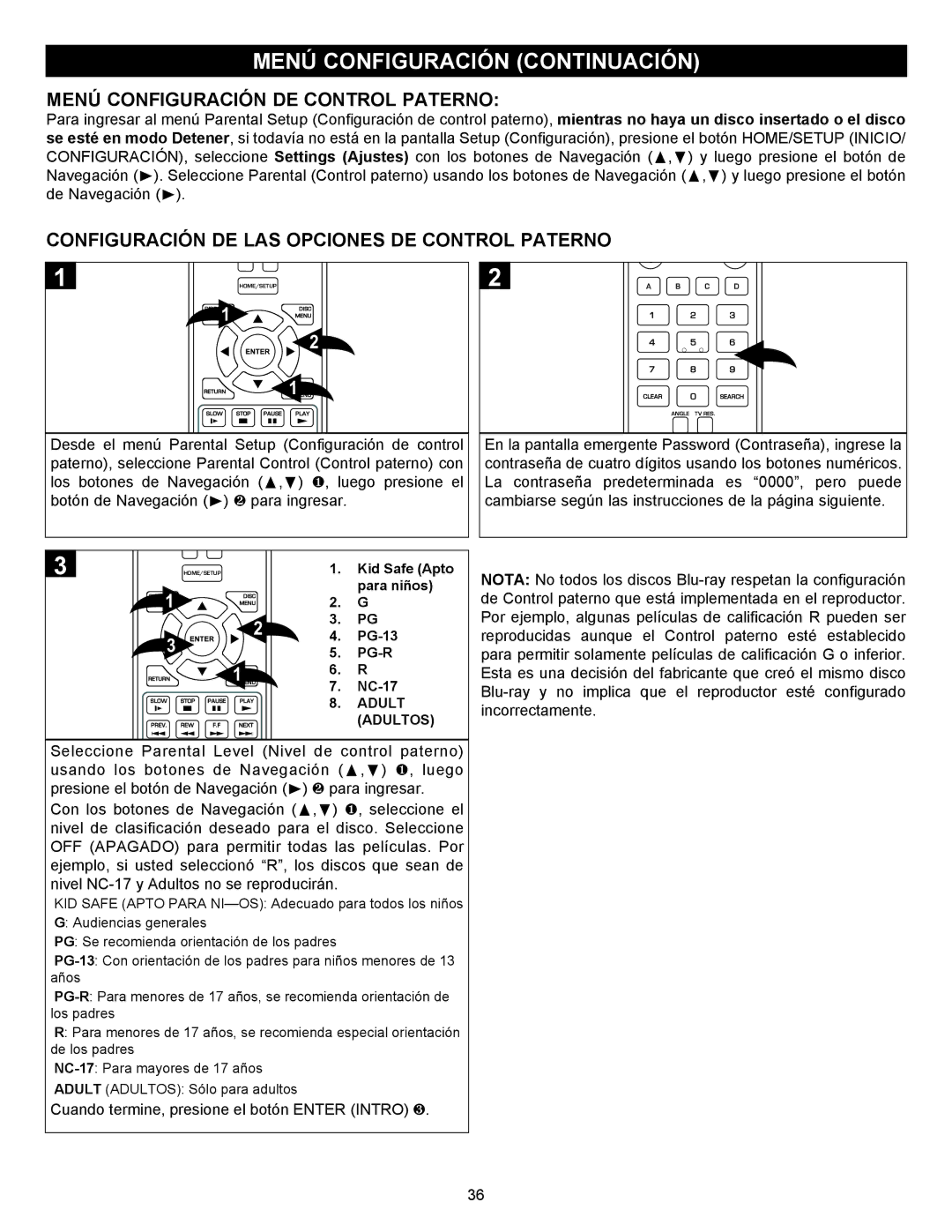 Memorex MVBD2535GPH manual Menú Configuración DE Control Paterno, Configuración DE LAS Opciones DE Control Paterno 