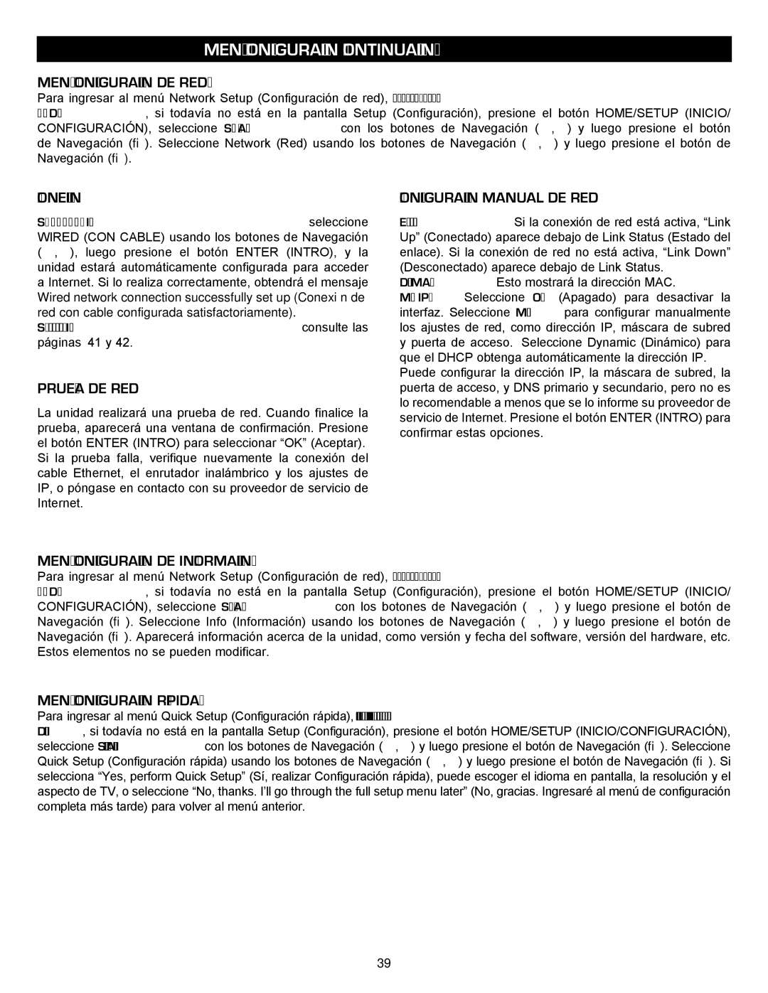 Memorex MVBD2535GPH manual Menú Configuración DE RED, Conexión, Prueba DE RED, Configuración Manual DE RED 