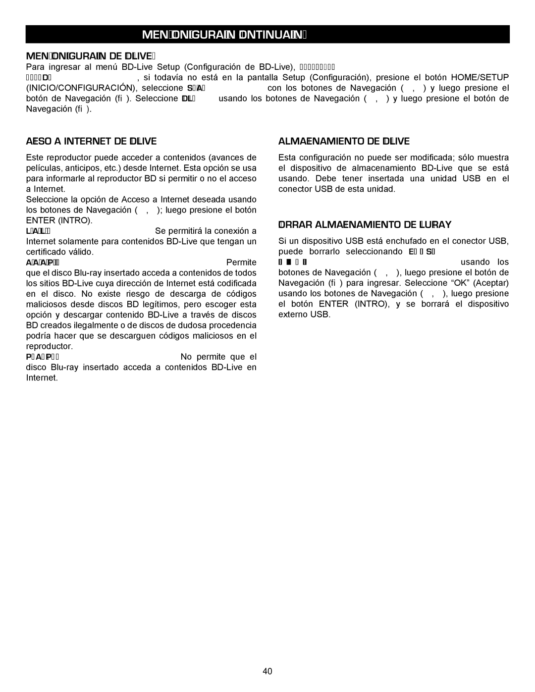 Memorex MVBD2535GPH manual Menú Configuración DE BD-LIVE, Acceso a Internet DE BD-LIVE, Almacenamiento DE BD-LIVE 