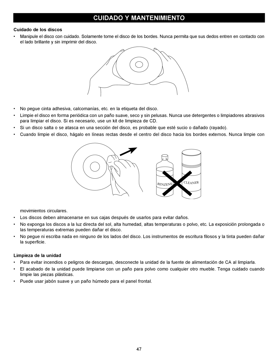 Memorex MVBD2535GPH manual Cuidado Y Mantenimiento, Cuidado de los discos 