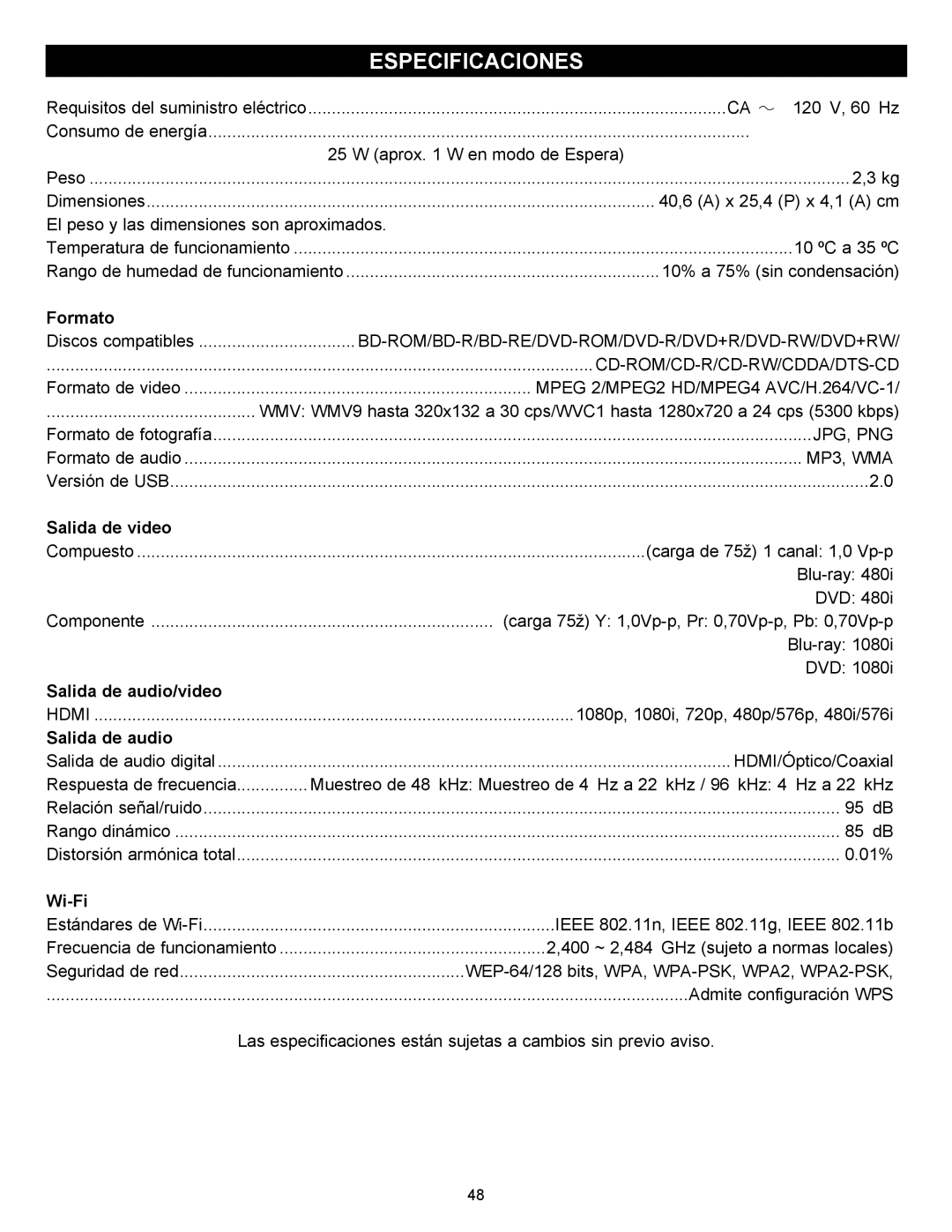 Memorex MVBD2535GPH manual Especificaciones, Formato 