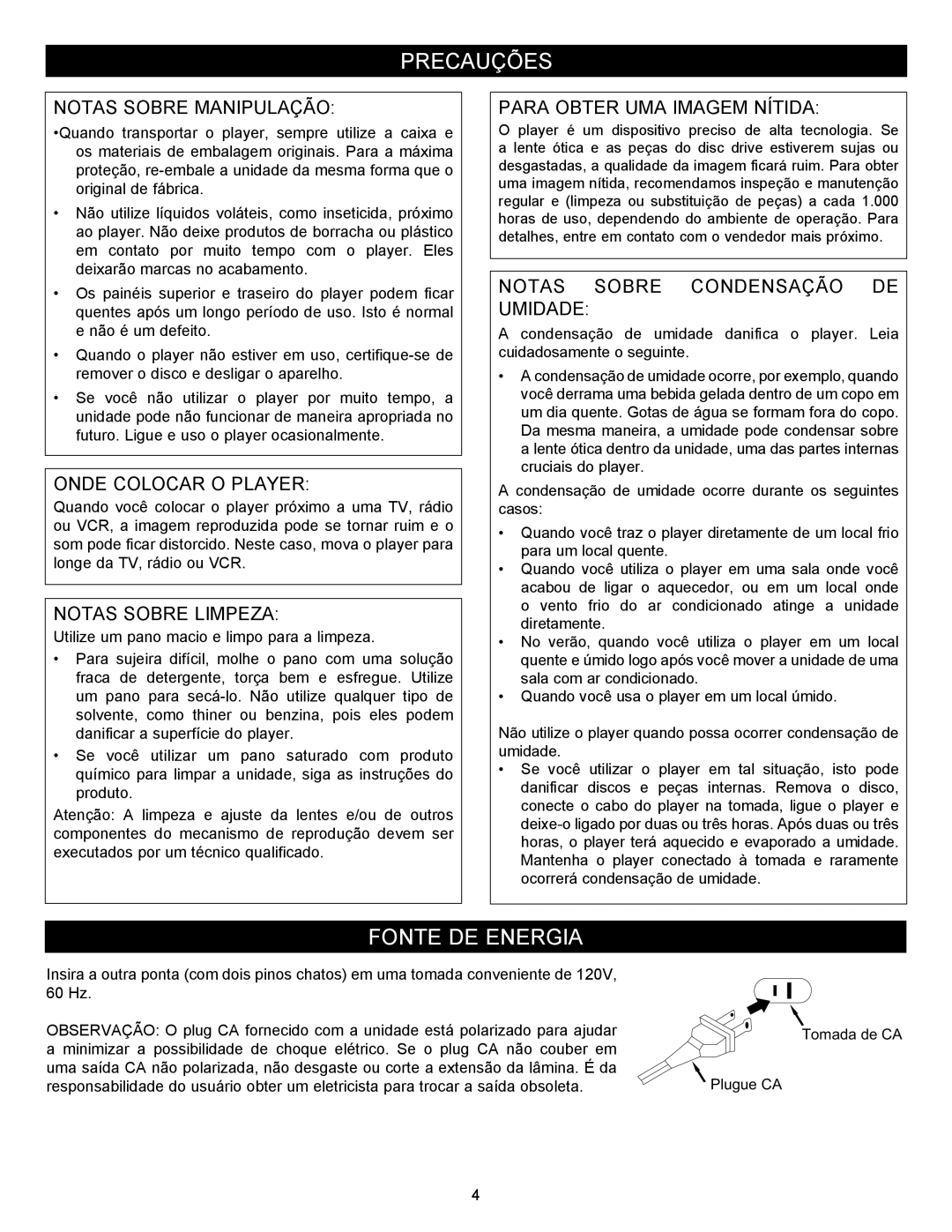 Memorex MVBD2535GPH manual Precauções, Fonte DE Energia 