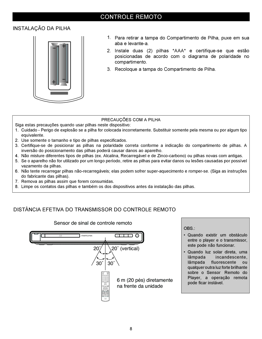 Memorex MVBD2535GPH Instalação DA Pilha, Distância Efetiva do Transmissor do Controle Remoto, Precauções COM a Pilha 