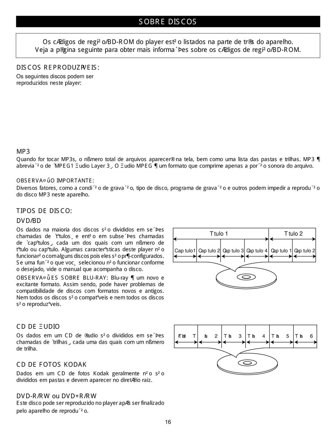 Memorex MVBD2535GPH manual Sobre Discos, Discos Reproduzíveis, Tipos DE Disco DVD/BD, CD DE Áudio, CD DE Fotos Kodak 