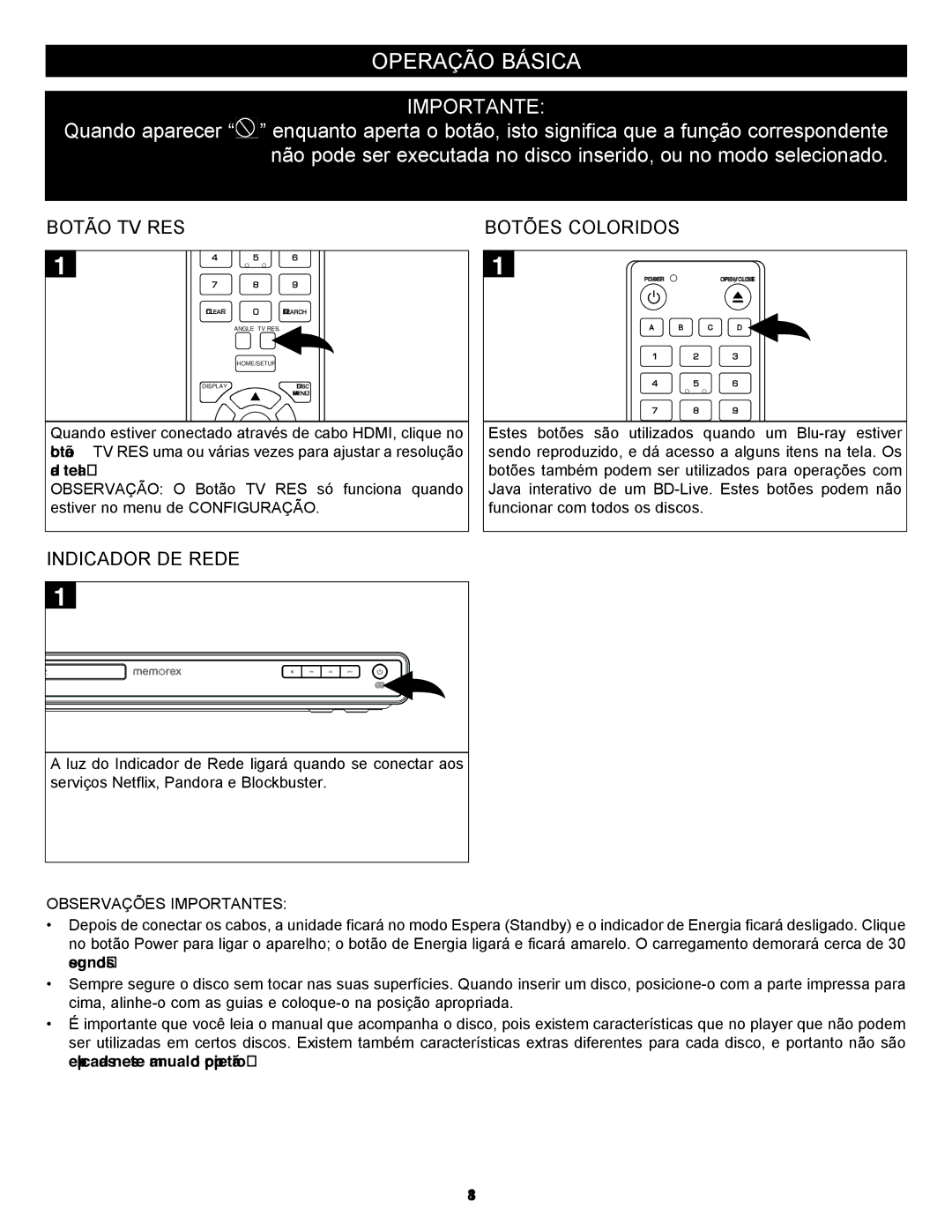 Memorex MVBD2535GPH manual Operação Básica, Botão TV RES Botões Coloridos, Indicador DE Rede, Observações Importantes 