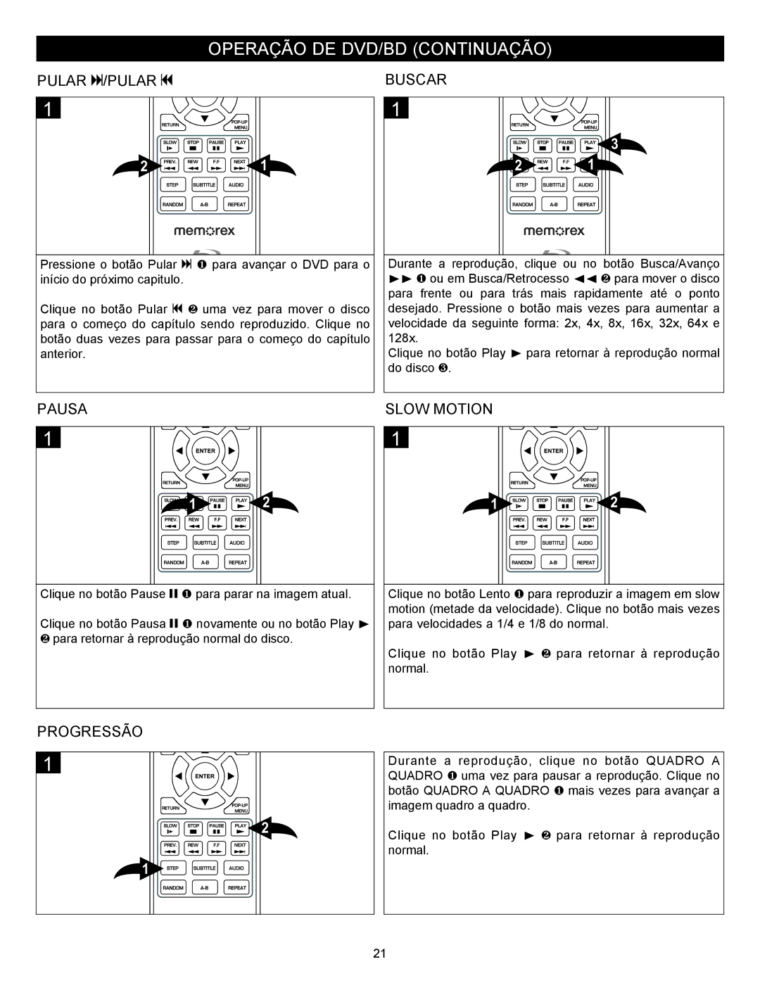 Memorex MVBD2535GPH manual Operação DE DVD/BD Continuação, Buscar, Pausa, Progressão 