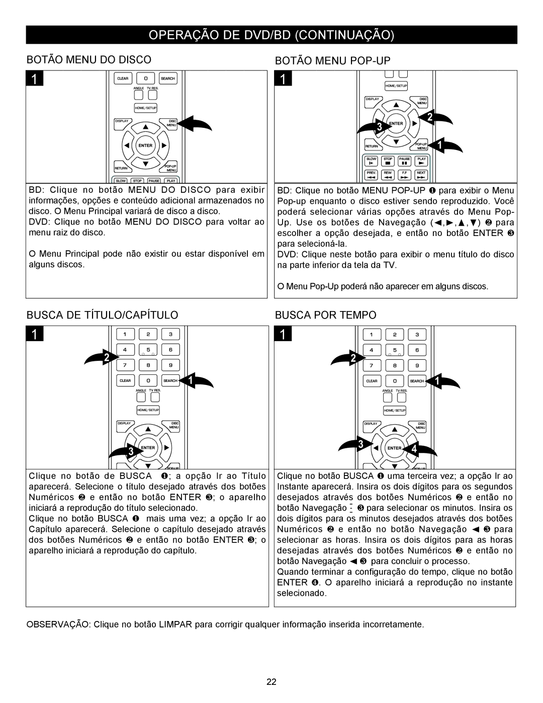 Memorex MVBD2535GPH manual Botão Menu do Disco, Botão Menu POP-UP, Busca DE TÍTULO/CAPÍTULO, Busca POR Tempo 