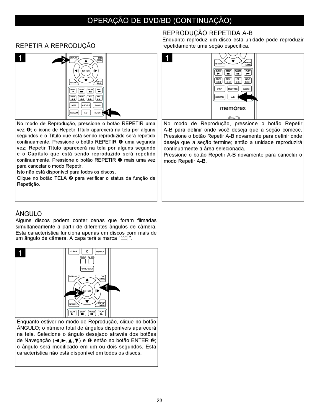 Memorex MVBD2535GPH manual Repetir a Reprodução, Reprodução Repetida A-B, Ângulo 