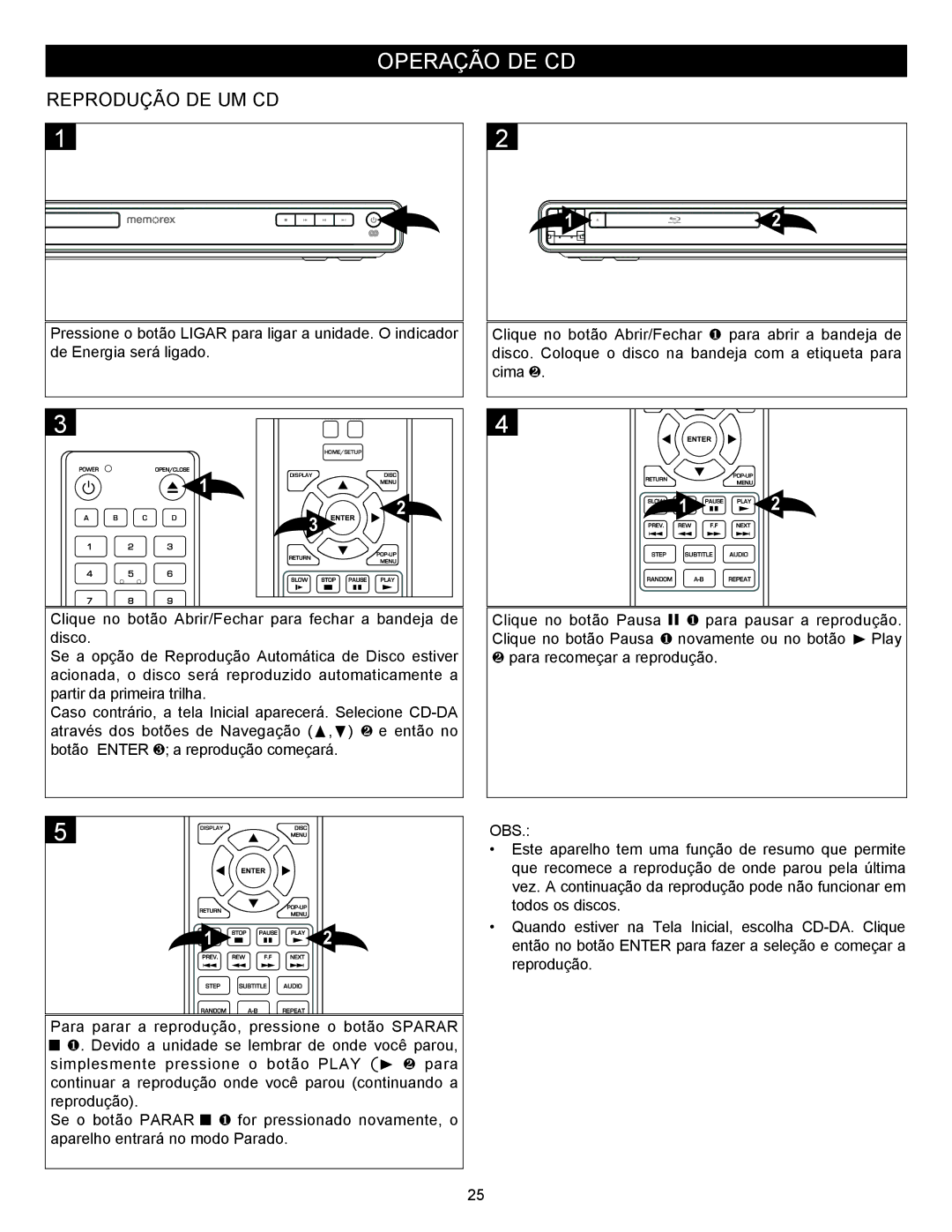 Memorex MVBD2535GPH manual Operação DE CD, Reprodução DE UM CD 