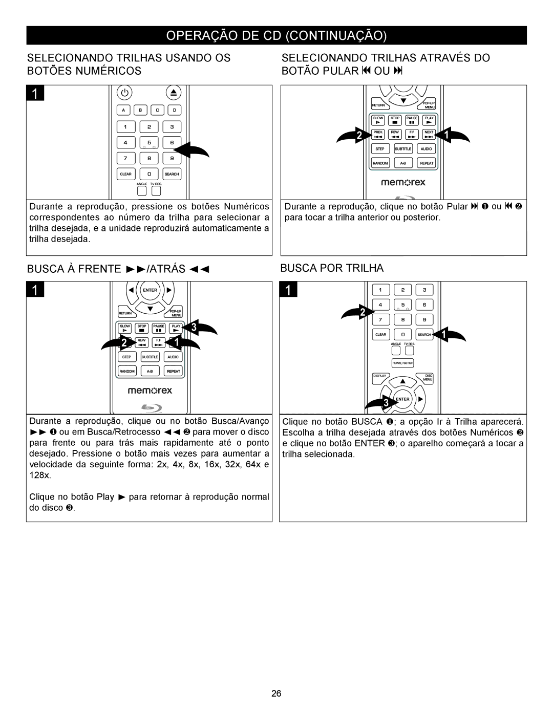 Memorex MVBD2535GPH Operação DE CD Continuação, Selecionando Trilhas Usando OS Botões Numéricos, Busca À Frente /ATRÁS √√ 