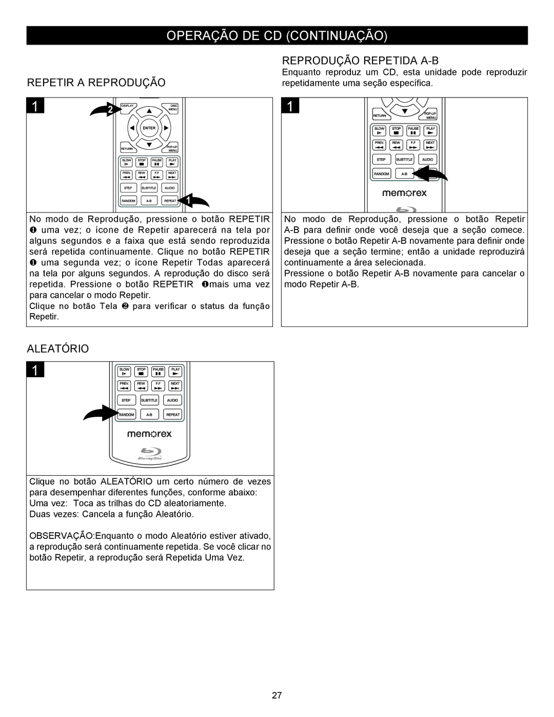 Memorex MVBD2535GPH manual Repetir a Reprodução, Aleatório 