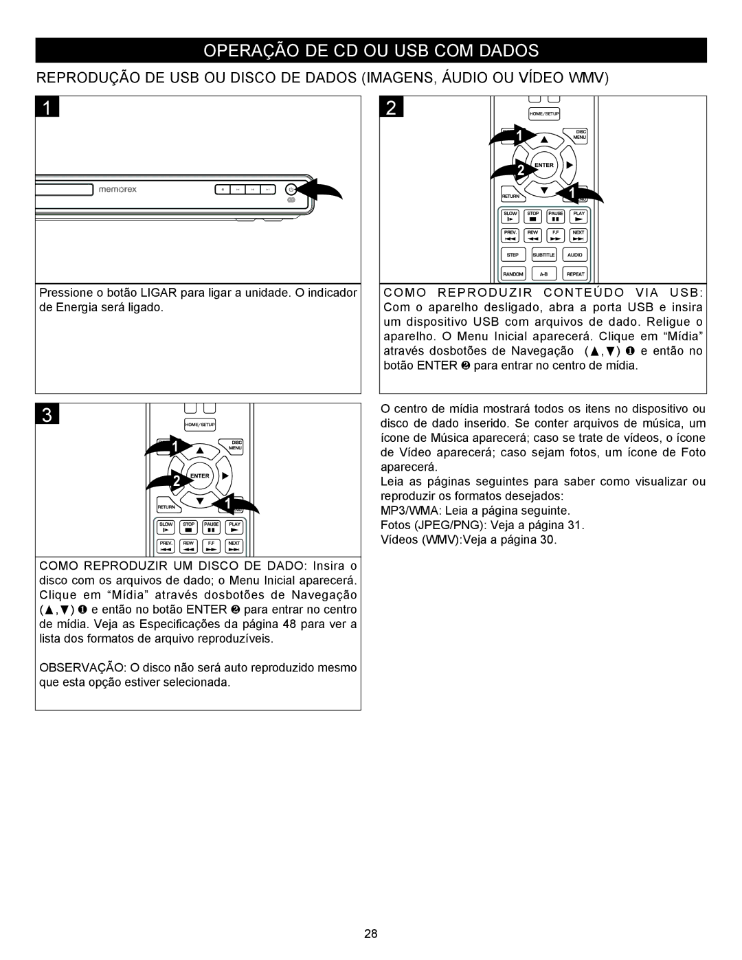 Memorex MVBD2535GPH manual Operação DE CD OU USB COM Dados, MP3/WMA Leia a página seguinte 