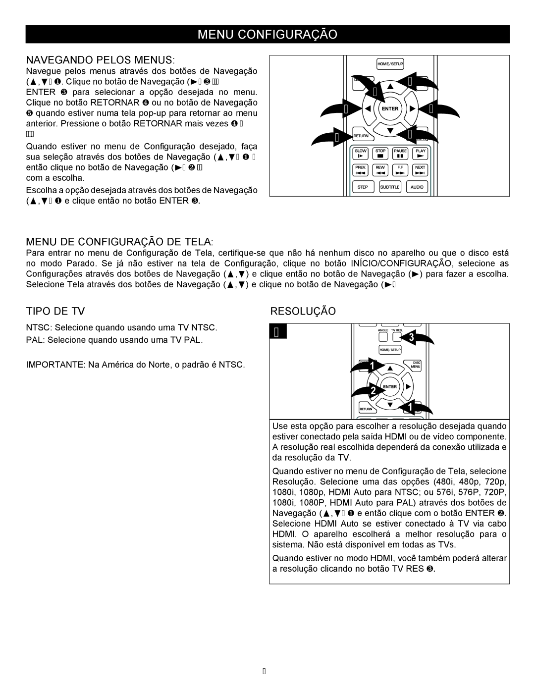 Memorex MVBD2535GPH manual Menu Configuração, Navegando Pelos Menus, Menu DE Configuração DE Tela, Tipo DE TV, Resolução 