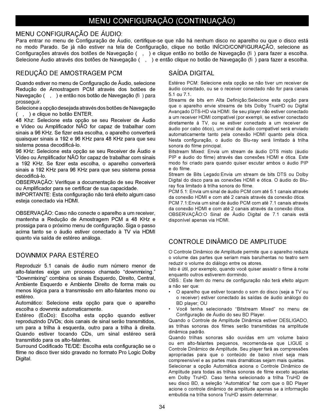 Memorex MVBD2535GPH manual Menu Configuração DE Áudio, Redução DE Amostragem PCM, Downmix Para Estéreo, Saída Digital 