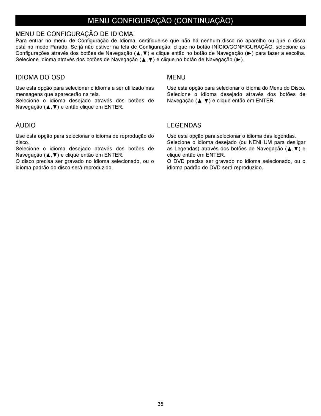 Memorex MVBD2535GPH manual Menu DE Configuração DE Idioma, Idioma do OSD 