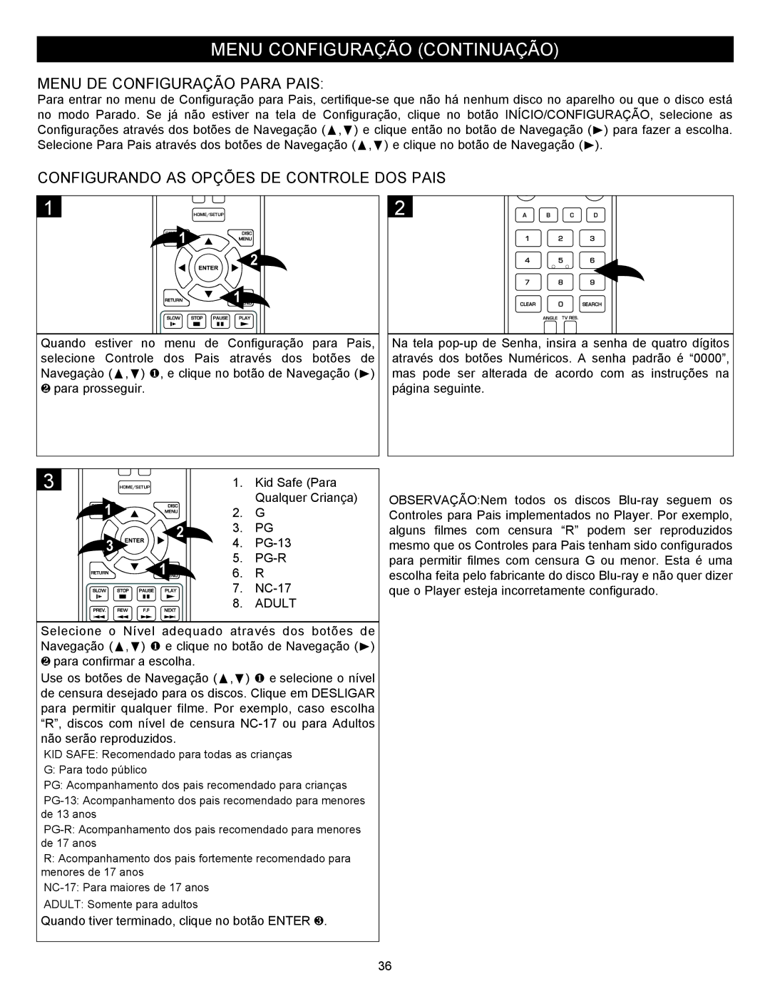 Memorex MVBD2535GPH manual Menu DE Configuração Para Pais, Configurando AS Opções DE Controle DOS Pais 