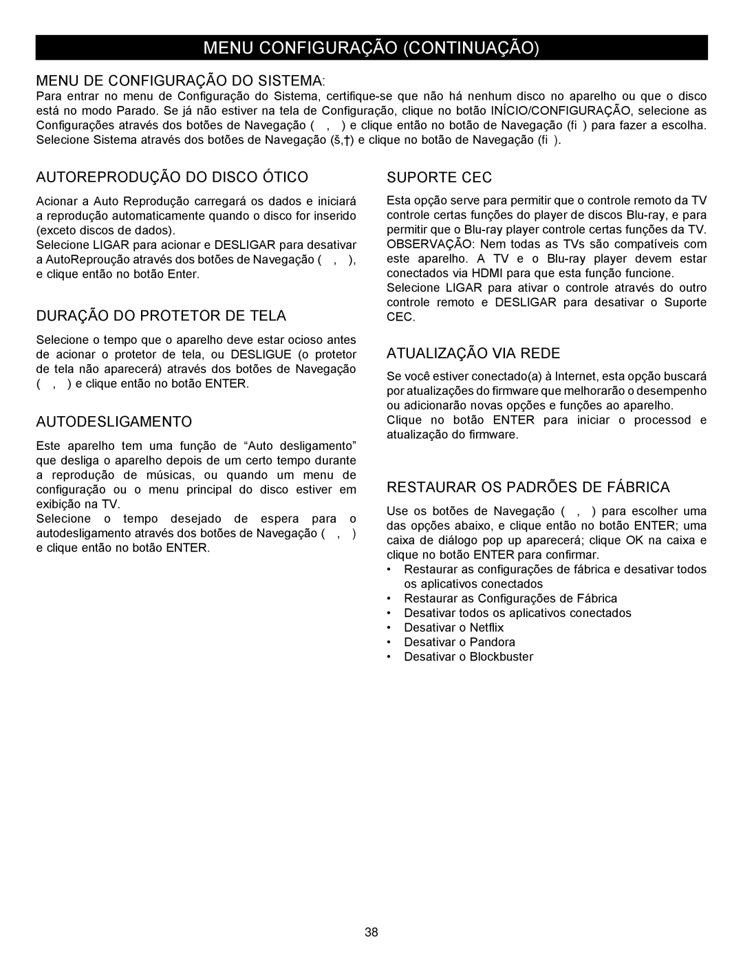 Memorex MVBD2535GPH manual Menu DE Configuração do Sistema, Autoreprodução do Disco Ótico, Duração do Protetor DE Tela 