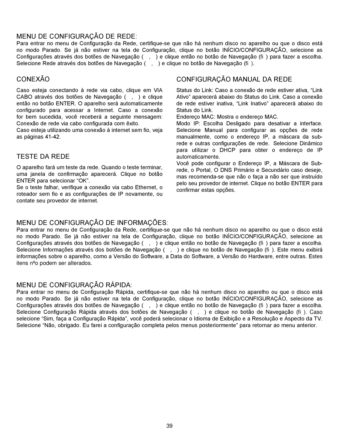 Memorex MVBD2535GPH manual Menu DE Configuração DE Rede, Conexão, Teste DA Rede, Configuração Manual DA Rede 