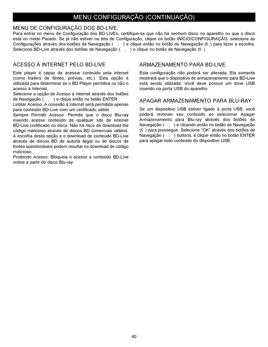 Memorex MVBD2535GPH manual Menu DE Configuração DOS BD-LIVE, Acesso À Internet Pelo BD-LIVE, Armazenamento Para BD-LIVE 