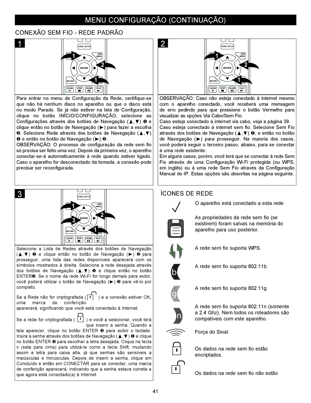 Memorex MVBD2535GPH manual Conexão SEM FIO Rede Padrão, Ícones DE Rede 