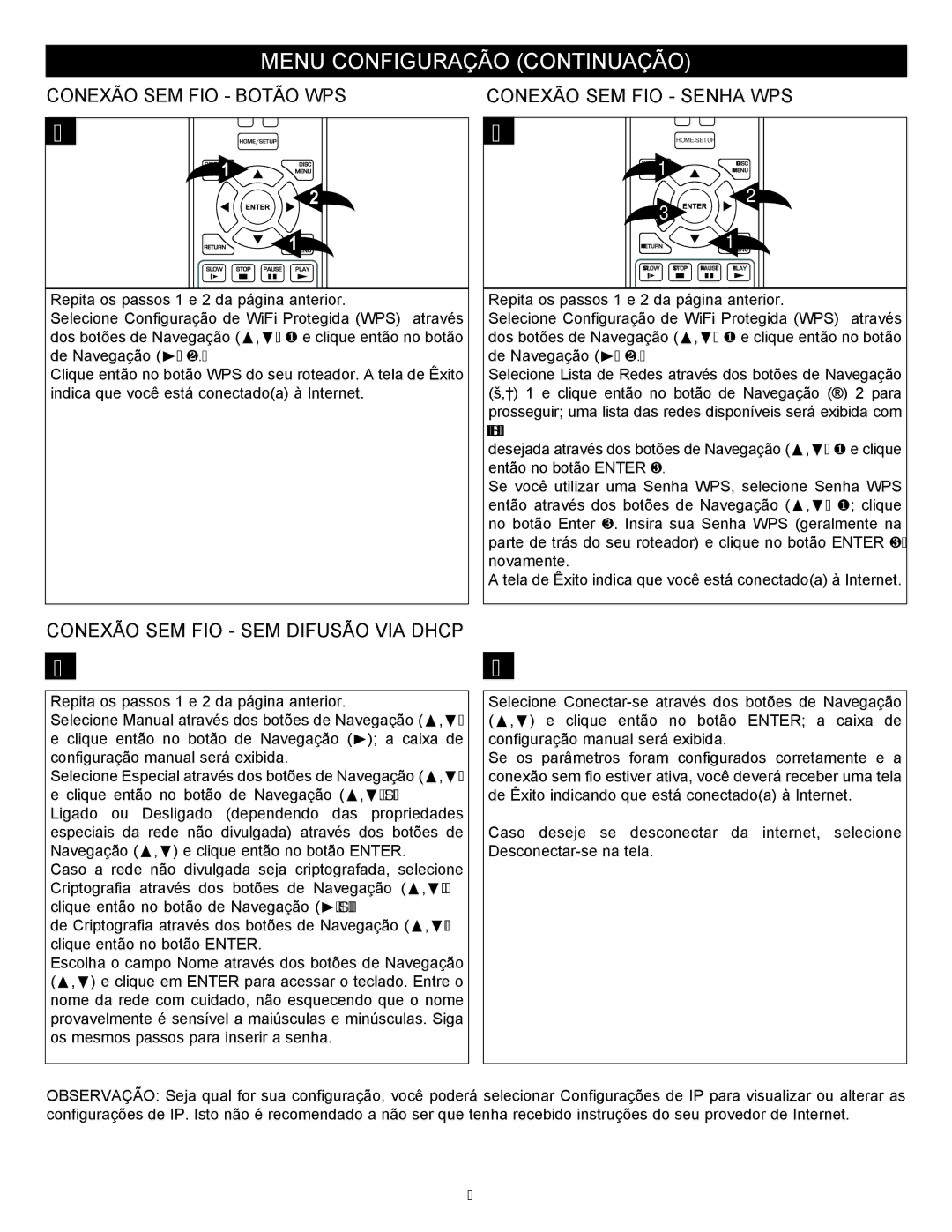 Memorex MVBD2535GPH manual Conexão SEM FIO Botão WPS, Conexão SEM FIO SEM Difusão VIA Dhcp 