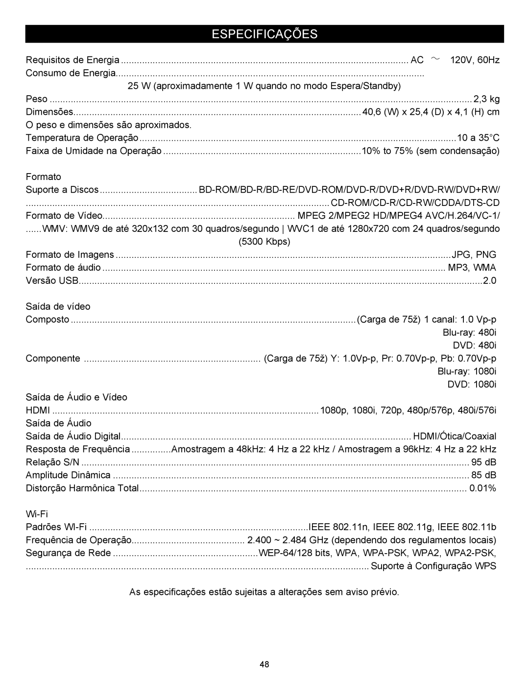 Memorex MVBD2535GPH manual Especificações 