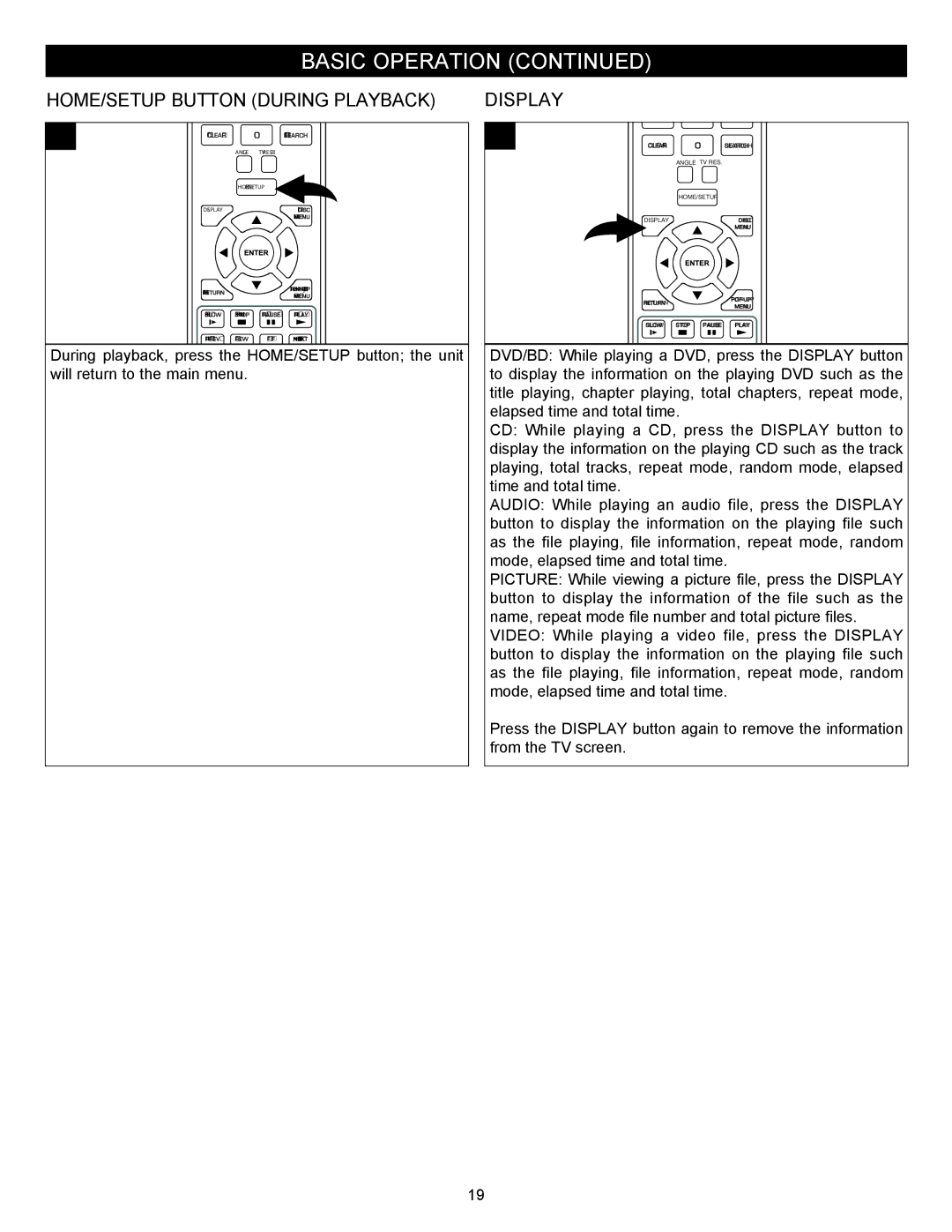 Memorex MVBD2535GPH manual HOME/SETUP Button During Playback, Display 