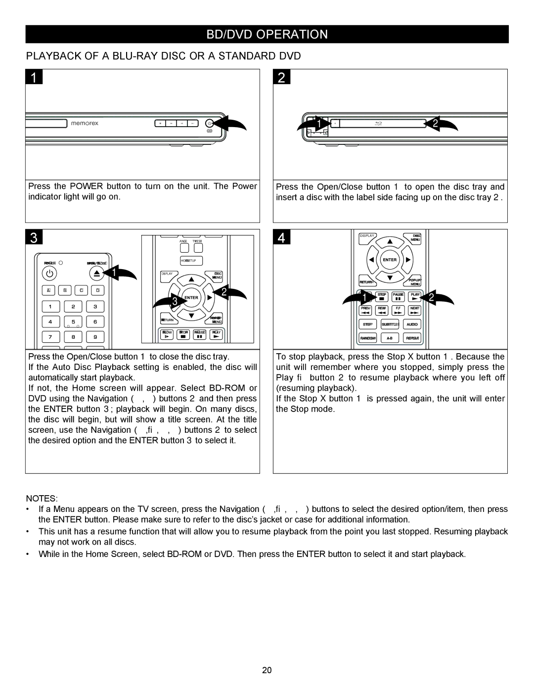 Memorex MVBD2535GPH manual BD/DVD Operation, Playback of a BLU-RAY Disc or a Standard DVD 