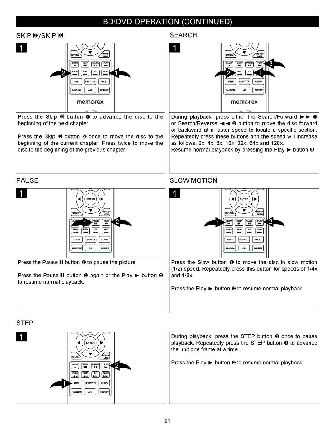 Memorex MVBD2535GPH manual Search, Pause, Slow Motion, Step 