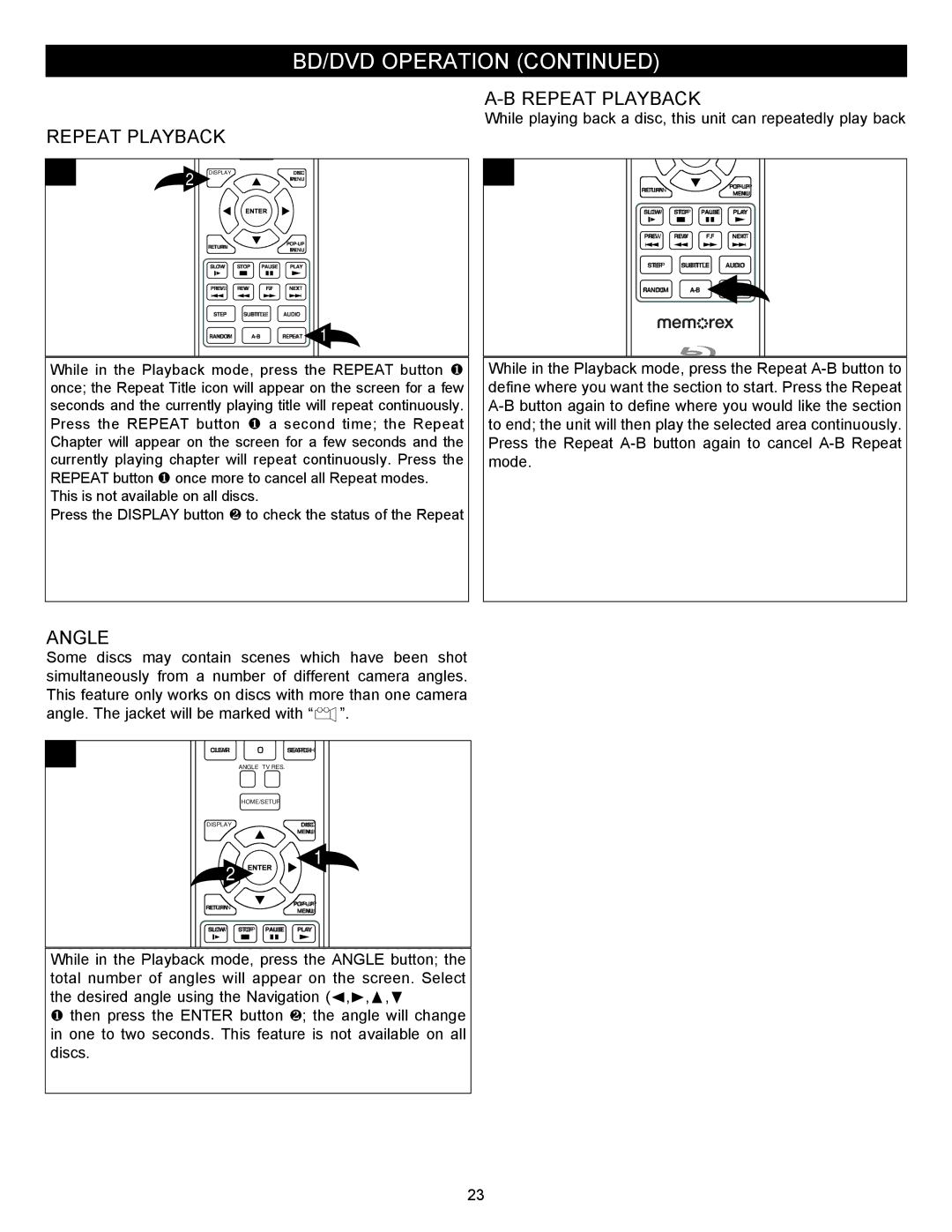 Memorex MVBD2535GPH manual Repeat Playback, Angle 