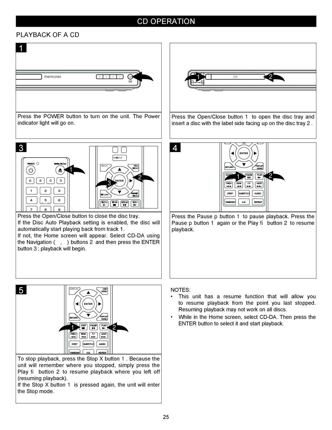 Memorex MVBD2535GPH manual CD Operation, Playback of a CD 