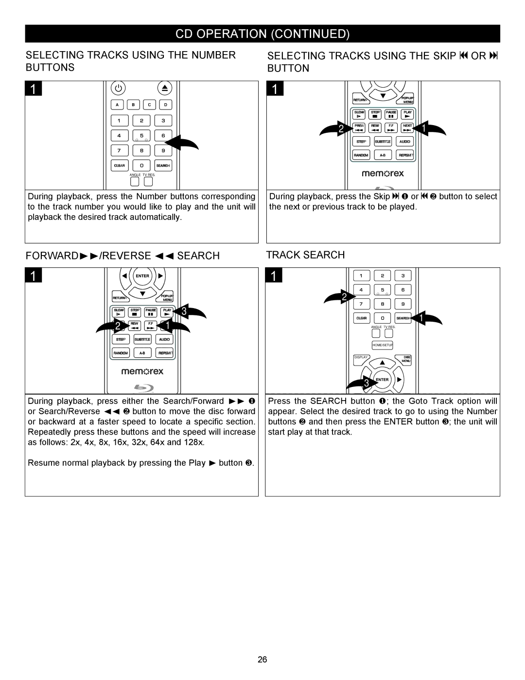 Memorex MVBD2535GPH manual FORWARD/REVERSE √√ Search, Track Search 