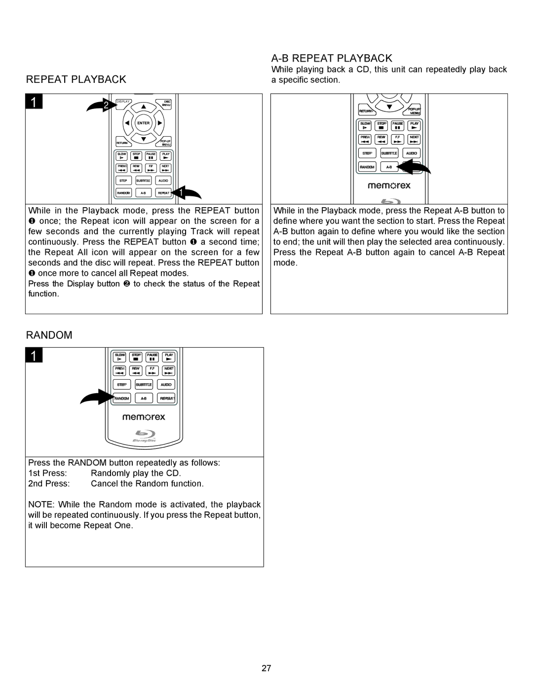 Memorex MVBD2535GPH manual Repeat Playback, Random 