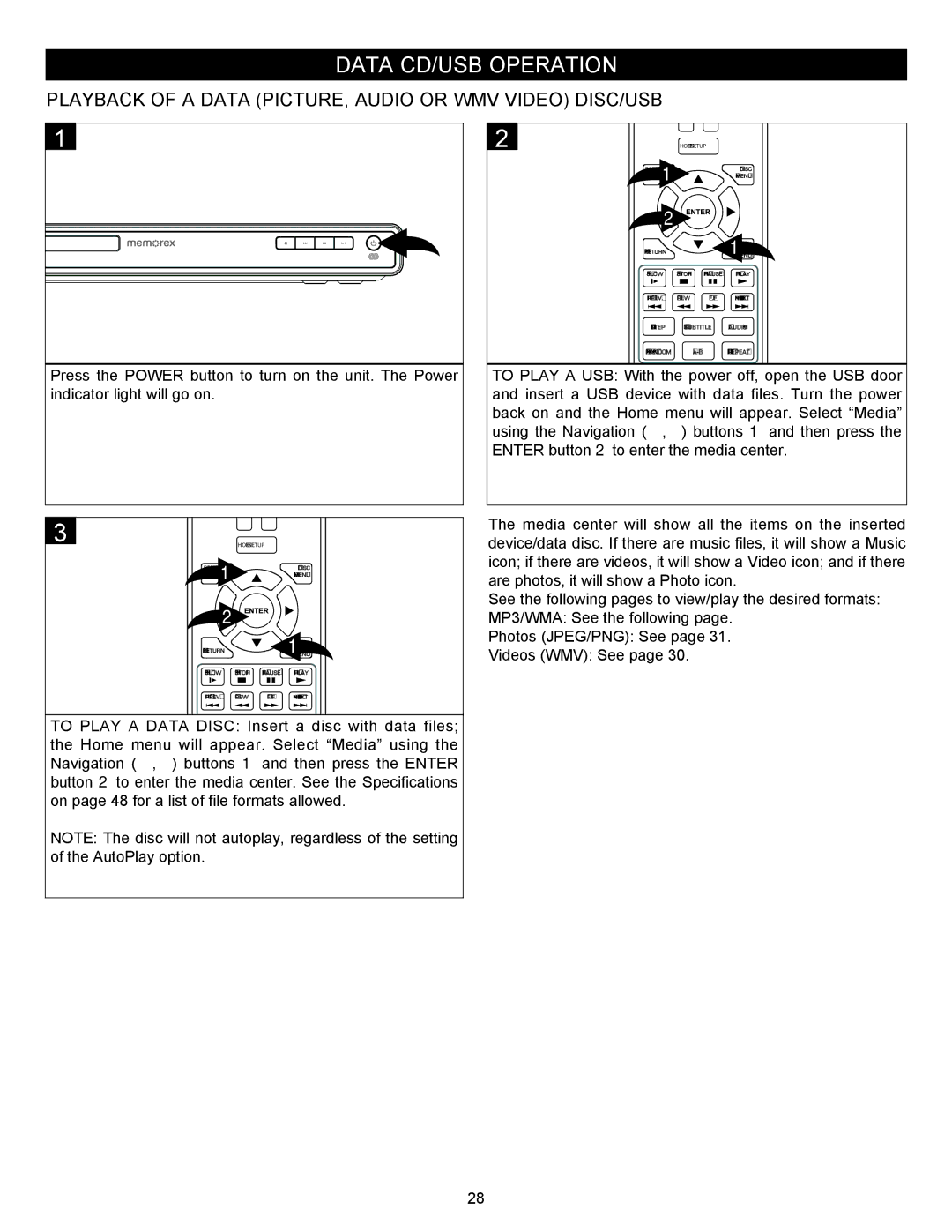 Memorex MVBD2535GPH manual Data CD/USB Operation, Playback of a Data PICTURE, Audio or WMV Video DISC/USB 