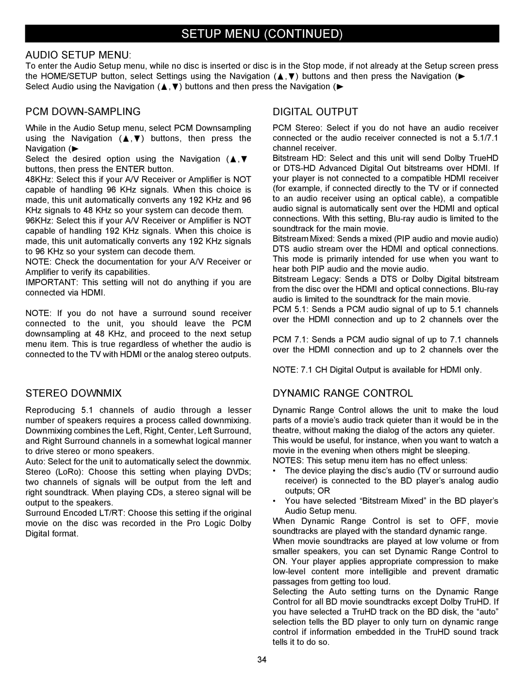 Memorex MVBD2535GPH manual Audio Setup Menu, Pcm Down-Sampling, Digital Output, Stereo Downmix, Dynamic Range Control 