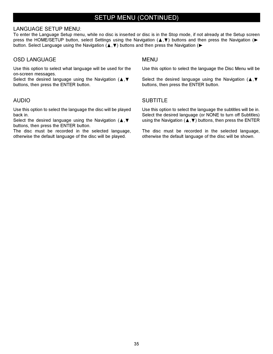 Memorex MVBD2535GPH manual Language Setup Menu, OSD Language 