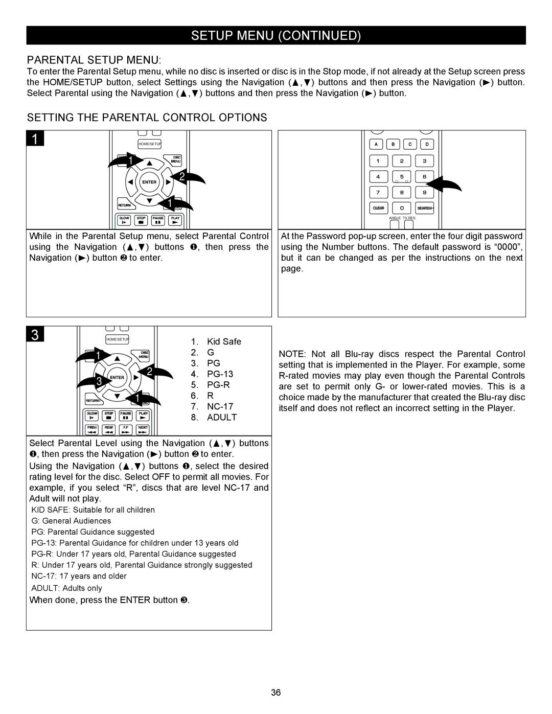 Memorex MVBD2535GPH manual Parental Setup Menu, Setting the Parental Control Options, Pg-R, Adult 