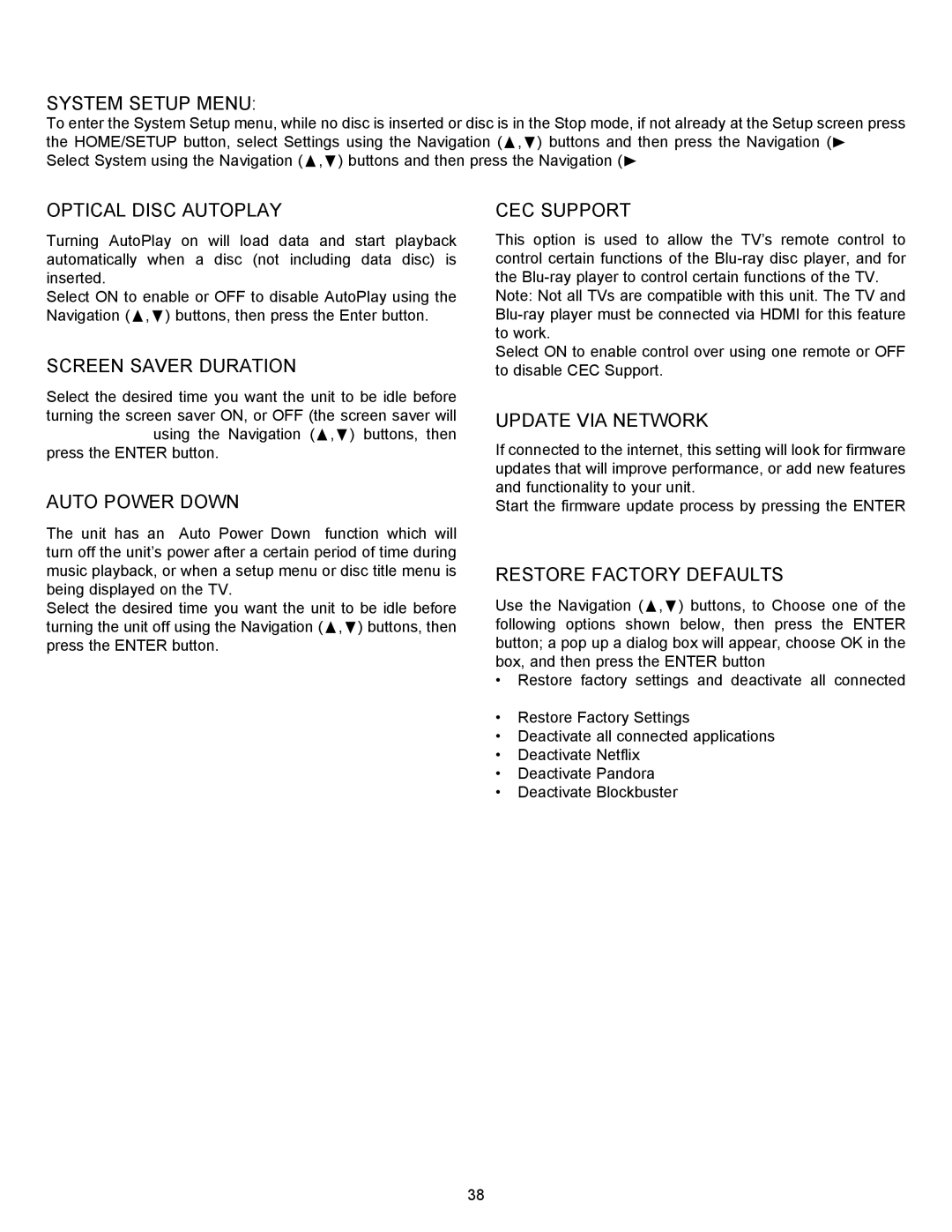 Memorex MVBD2535GPH manual System Setup Menu, Optical Disc Autoplay, Screen Saver Duration, Auto Power Down, CEC Support 