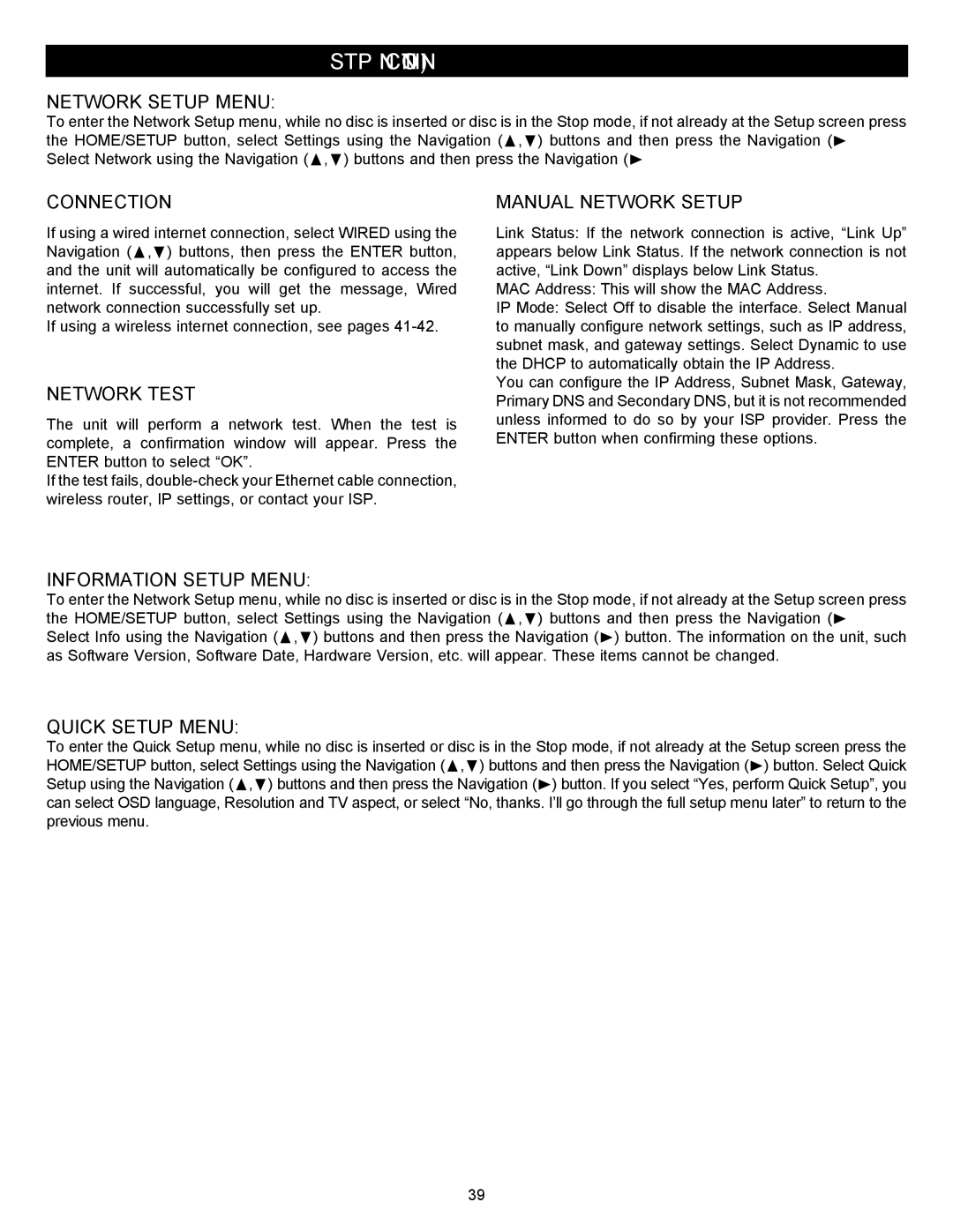 Memorex MVBD2535GPH manual Network Setup Menu, Connection, Network Test, Manual Network Setup, Information Setup Menu 