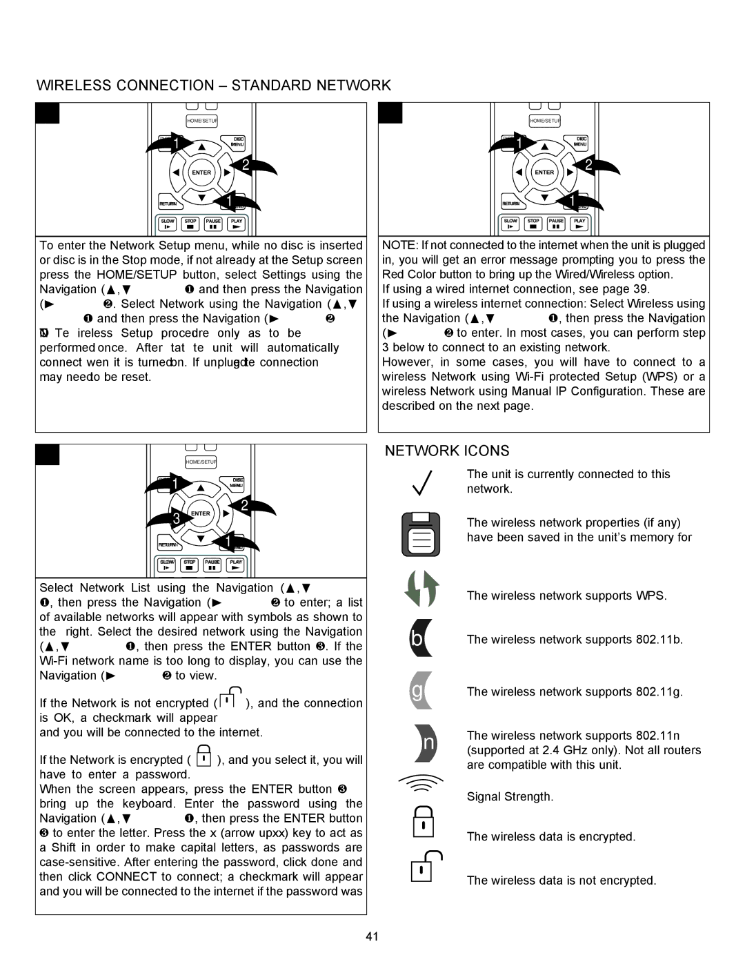 Memorex MVBD2535GPH manual Wireless Connection Standard Network, Network Icons 