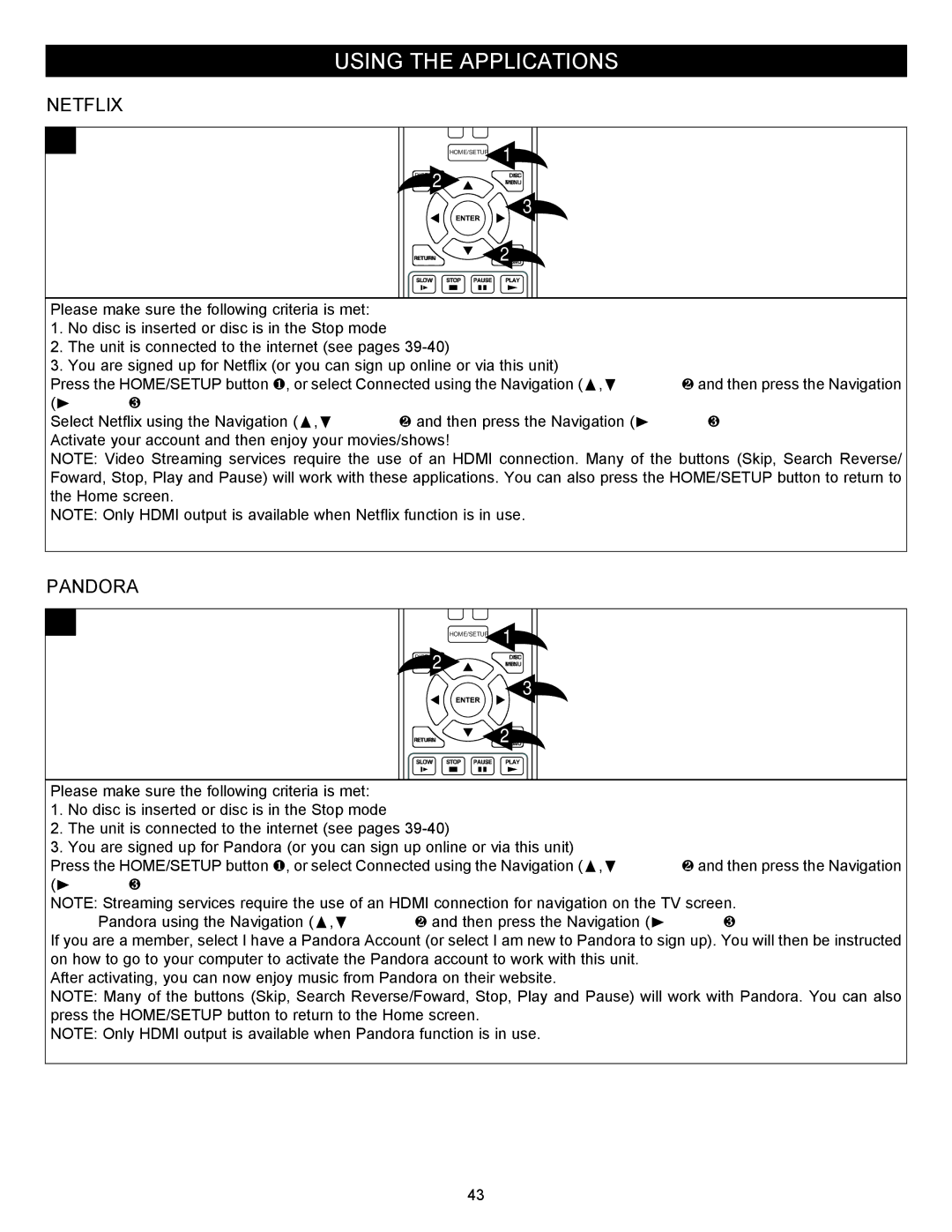 Memorex MVBD2535GPH manual Using the Applications, Netflix, Pandora 