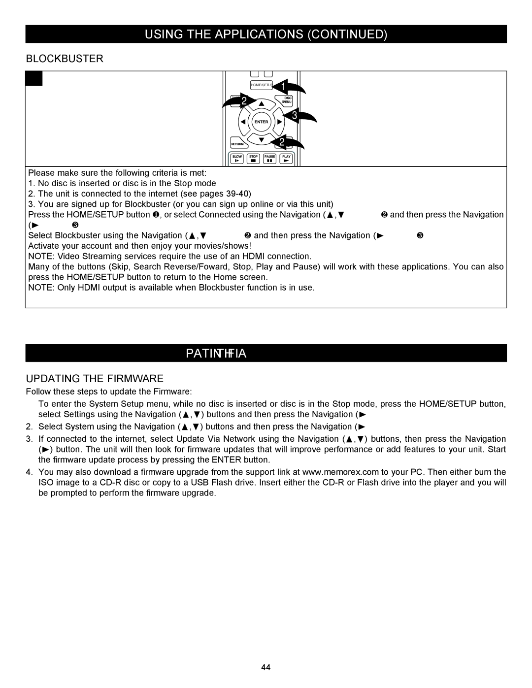 Memorex MVBD2535GPH manual Blockbuster, Updating the Firmware, Follow these steps to update the Firmware 