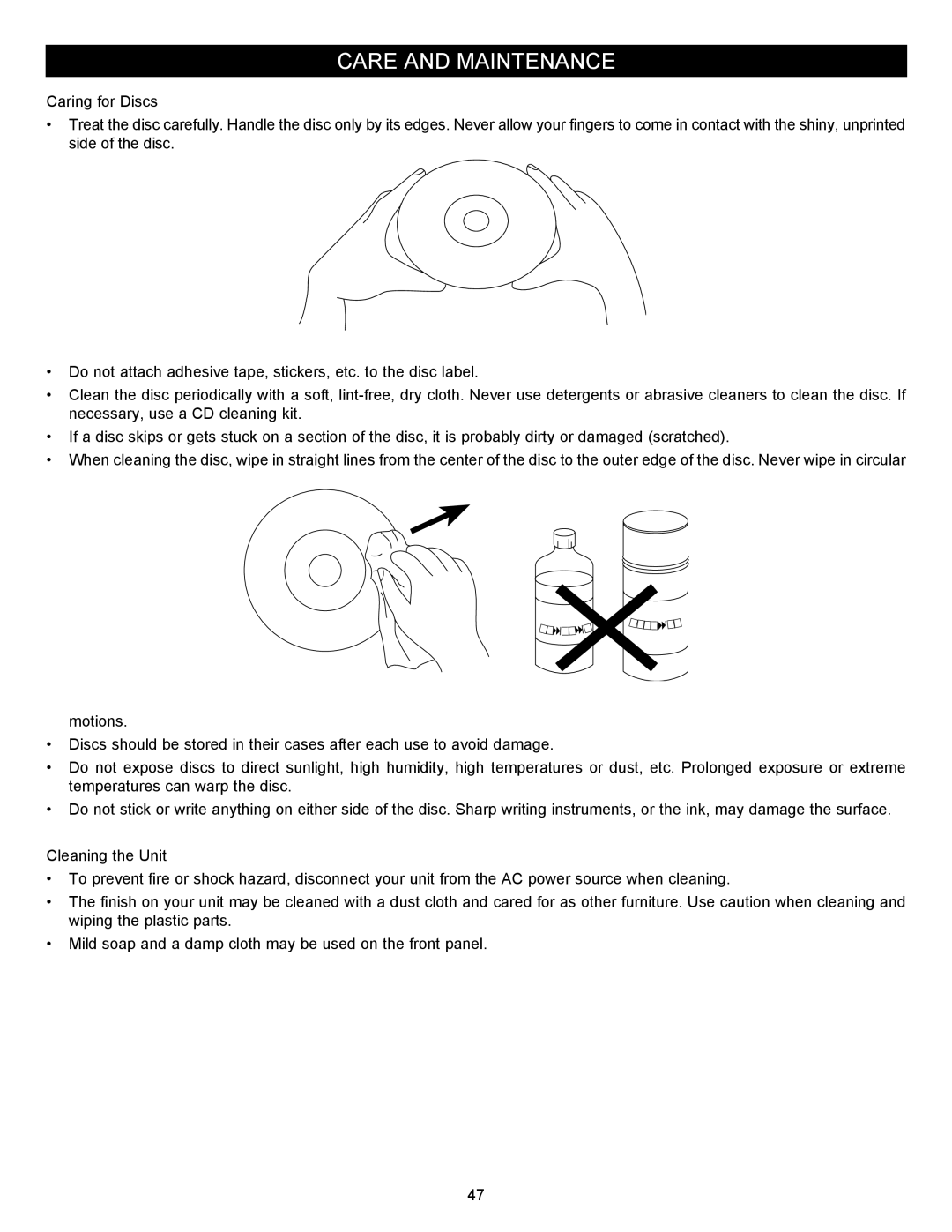 Memorex MVBD2535GPH manual Care and Maintenance 