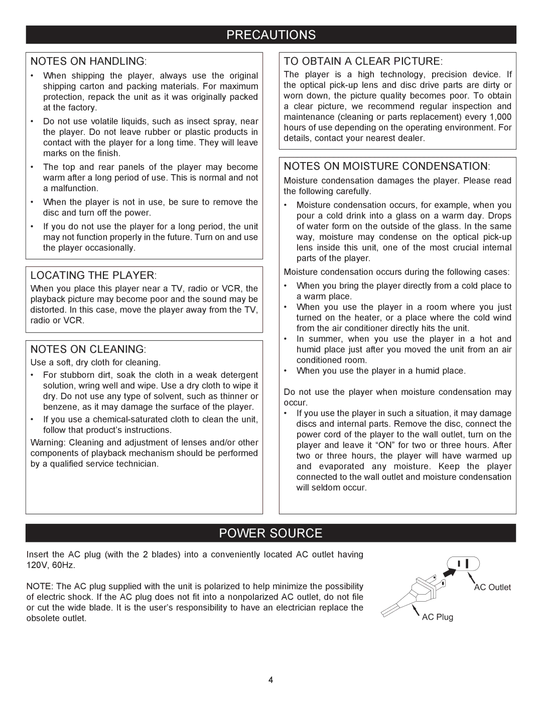 Memorex MVBD2535GPH manual Precautions, Power Source, Locating the Player, To Obtain a Clear Picture 