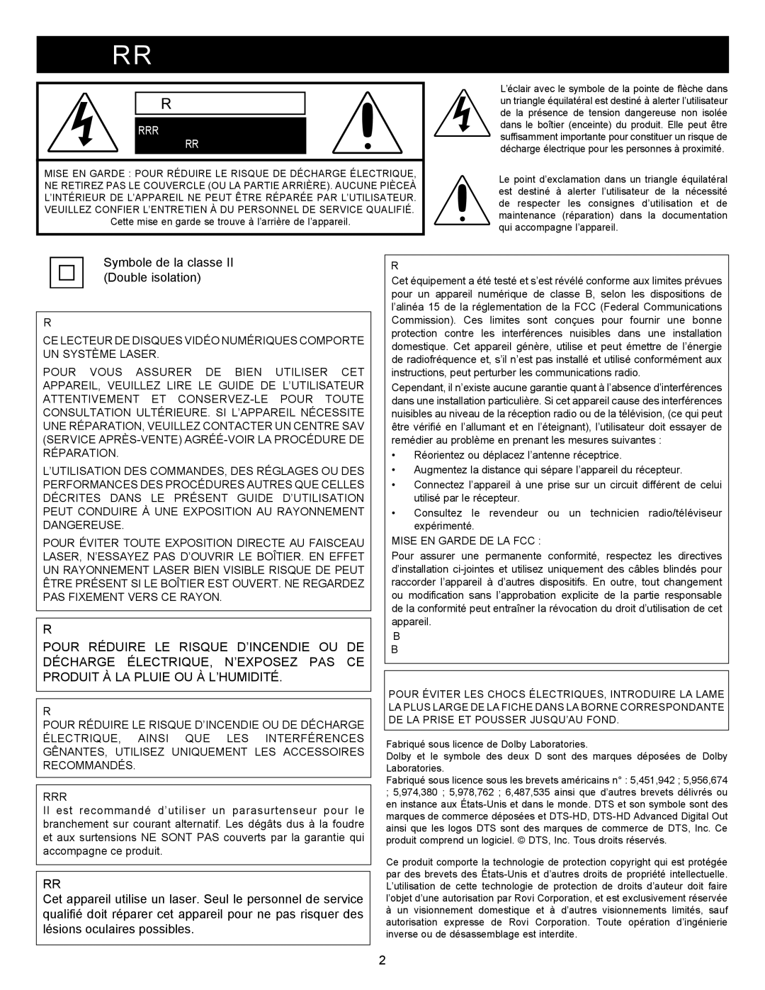 Memorex MVBD2535GPH manual Mise EN Garde, Symbole de la classe II Double isolation, Avertissement Laser 