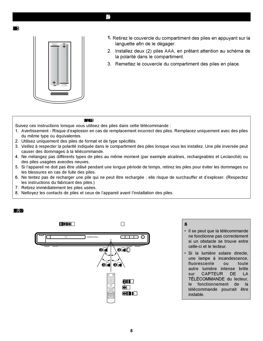 Memorex MVBD2535GPH Installation DES Piles, Distance Efficace DE LA Télécommande, Précautions À Prendre Avec LES Piles 