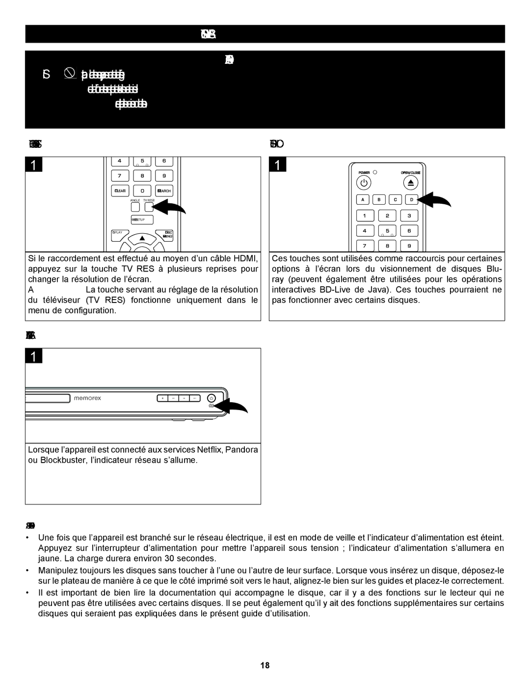 Memorex MVBD2535GPH manual Fonctions DE Base, Touche Résolution Téléviseur, Indicateur Réseau, Remarques Importantes 