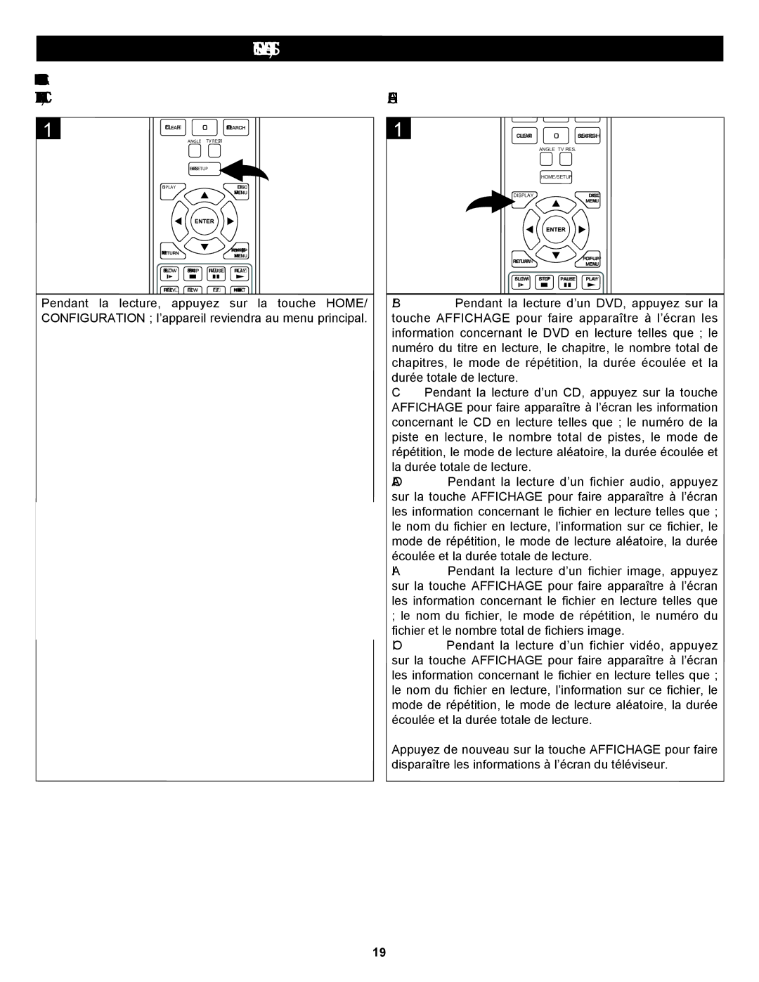 Memorex MVBD2535GPH manual Touche ACCUEIL/CONFIGURATION, Pendant LA Lecture Affichage 